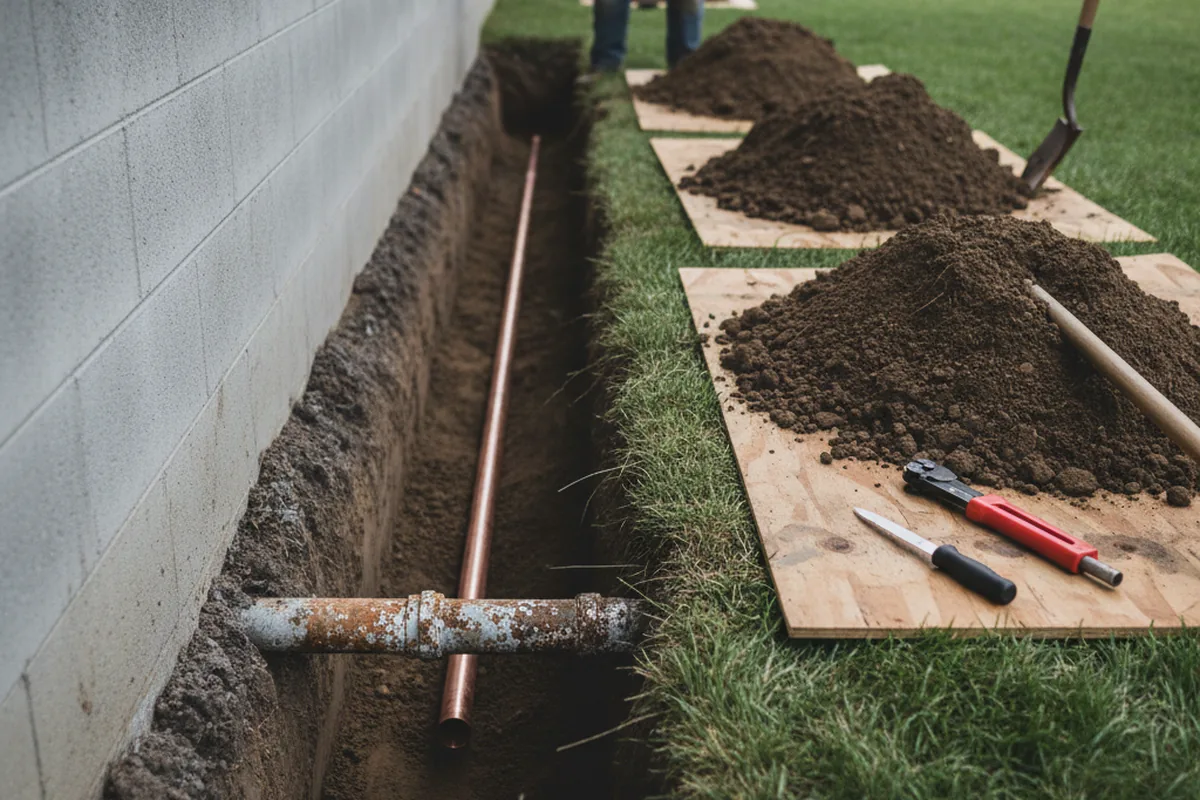Excavated water line trench during Sewer Line Repair in Harriman